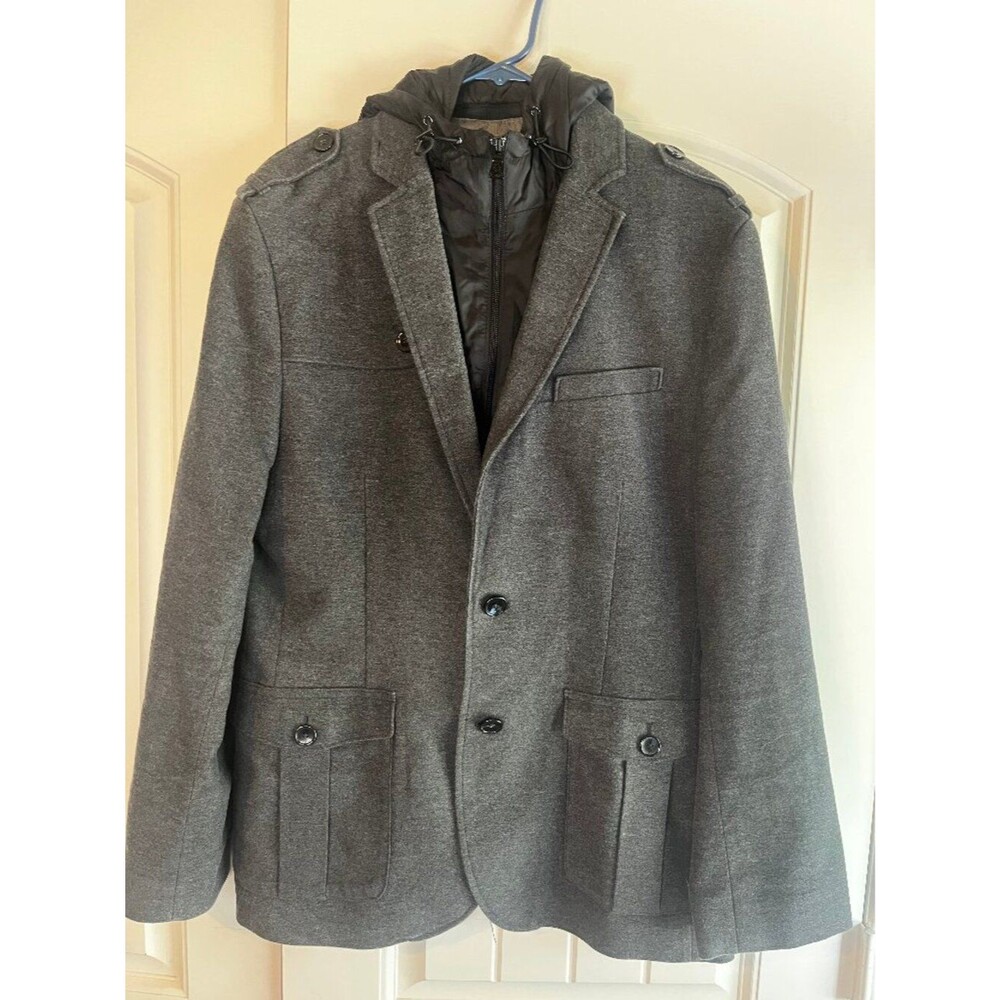 Express Men's Wool Blend Hooded Coat Size Medium Gray Zip Hood